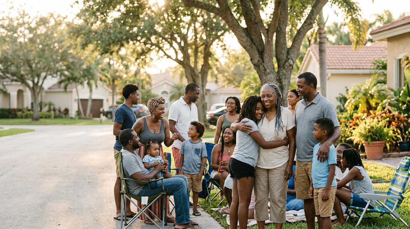 A diverse group of family and community members gathered together outdoors